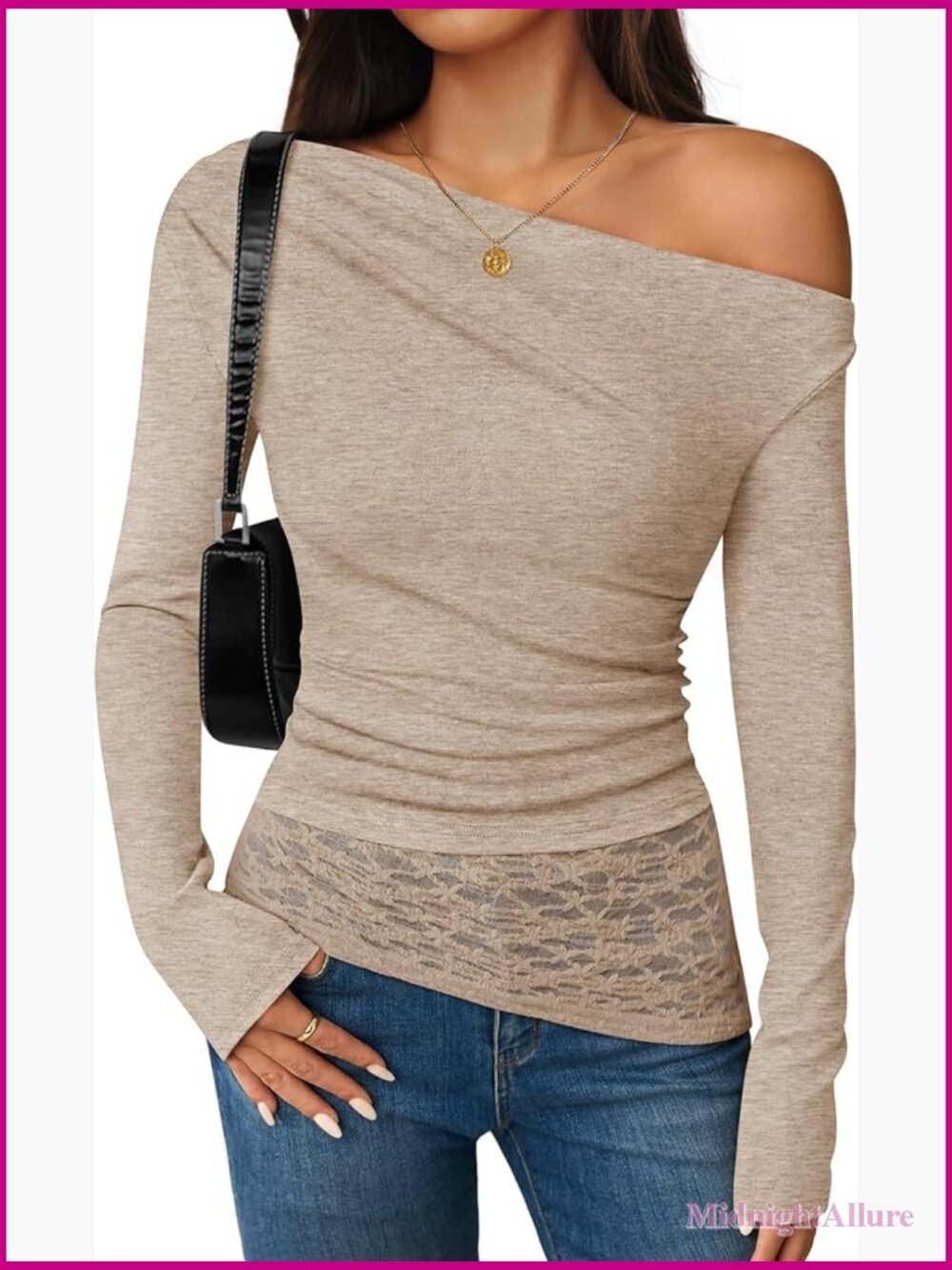 Long Sleeve Off Shoulder Boat Neck Lace Slim Fit Going Out Top Y2k Blouse Tee
